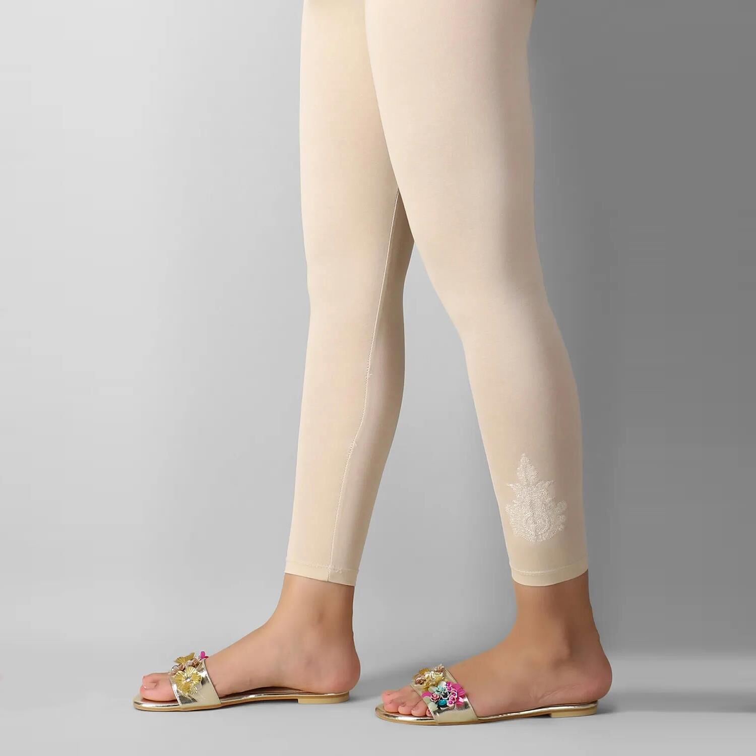 Khaadi, Womens, Embroidered Stretchable Tights, Color Beige, New